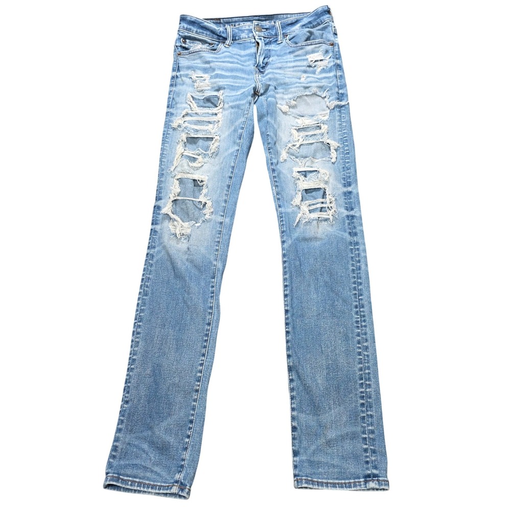 American Eagle Airflex 360 Skinny Jeans Men's 30x34 Light Wash Blue Distressed
